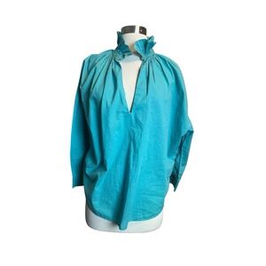 A SHIRT THING Penelope Top Turquoise Blue Size Small Ruffle Collar